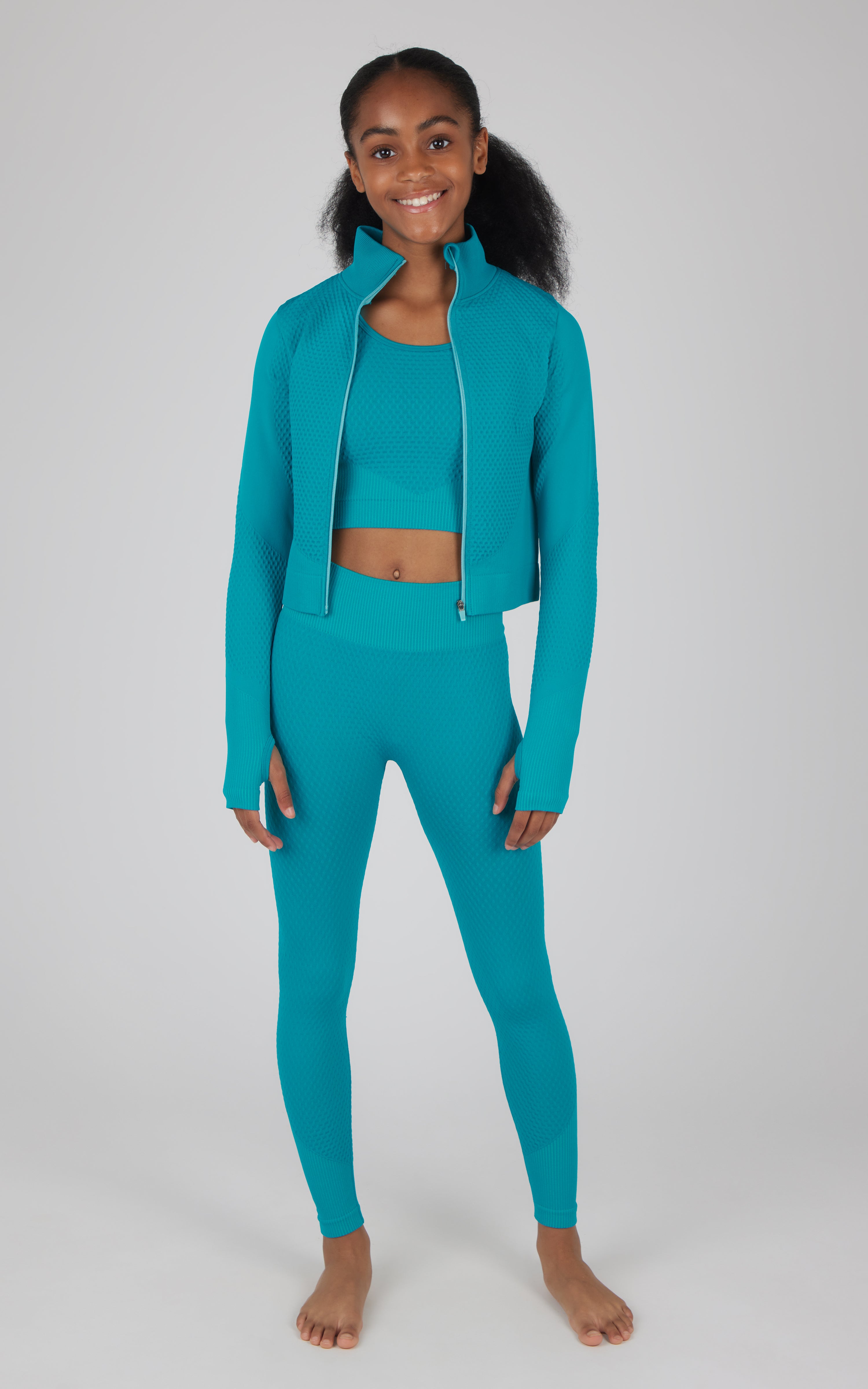 Girls 3 Piece  Girl Power Long Sleeve Meet and Greet Jacket + High Waist Legging + Crossed Back Bra Set