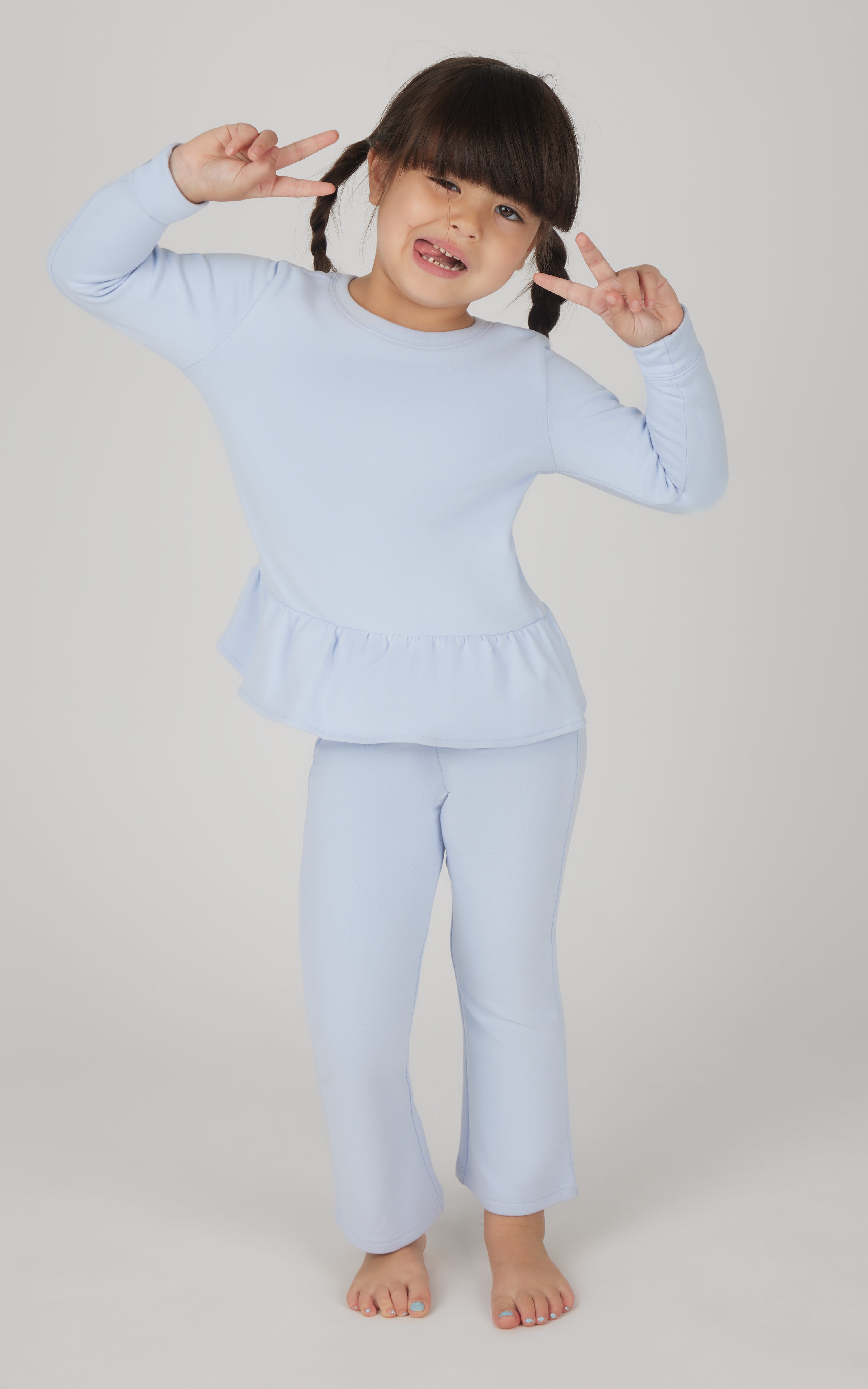 Toddler 2 Piece  Melange Posie Peplum Crew Neck Pullover Top and Melange High Waist Flare Leg Pant