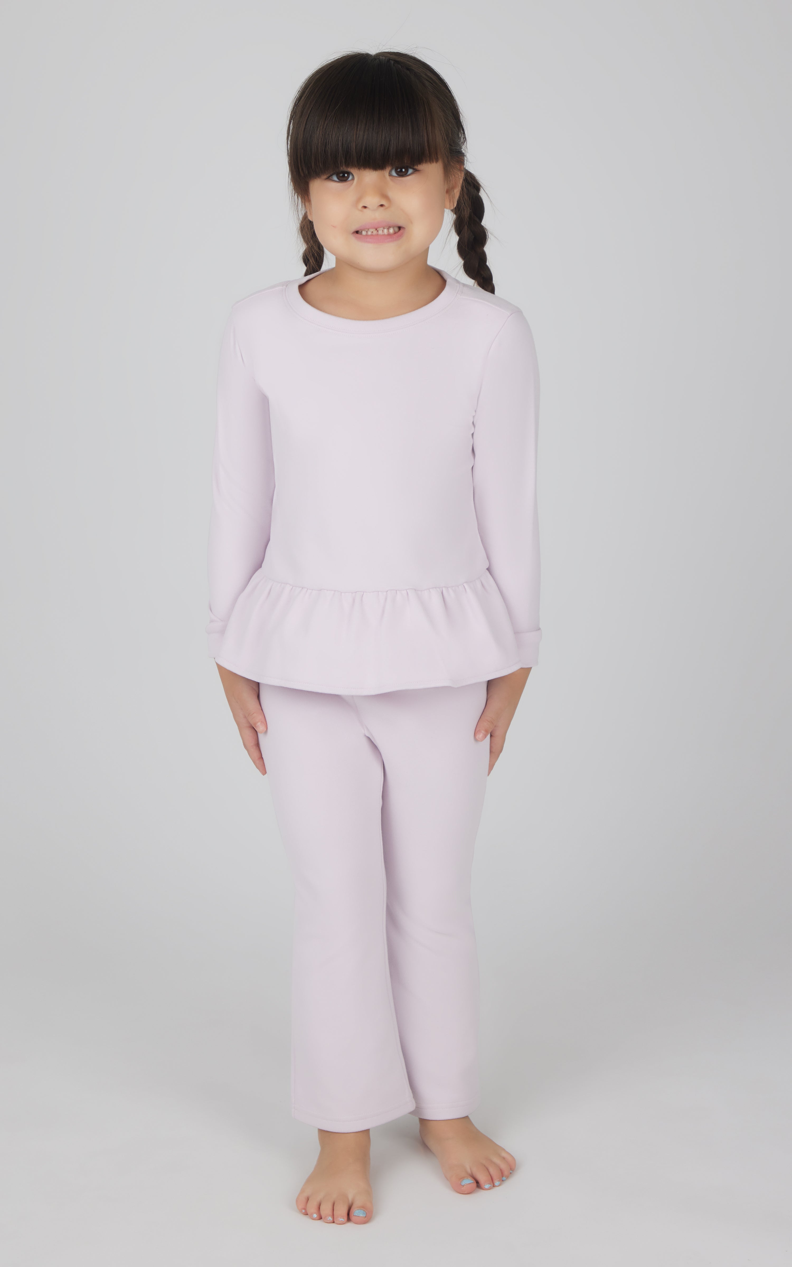 Toddler 2 Piece  Melange Posie Peplum Crew Neck Pullover Top and Melange High Waist Flare Leg Pant