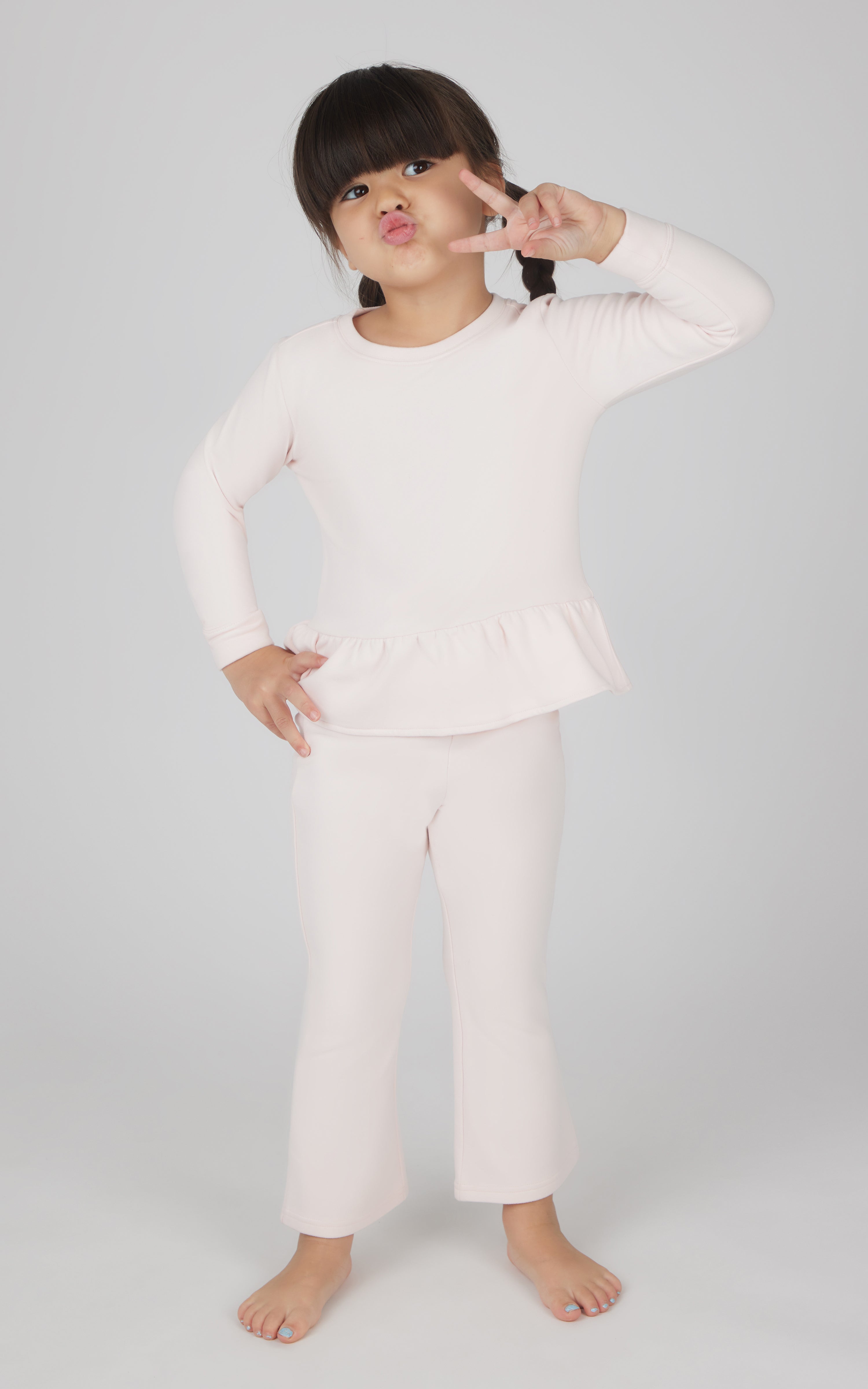 Toddler 2 Piece  Melange Posie Peplum Crew Neck Pullover Top and Melange High Waist Flare Leg Pant