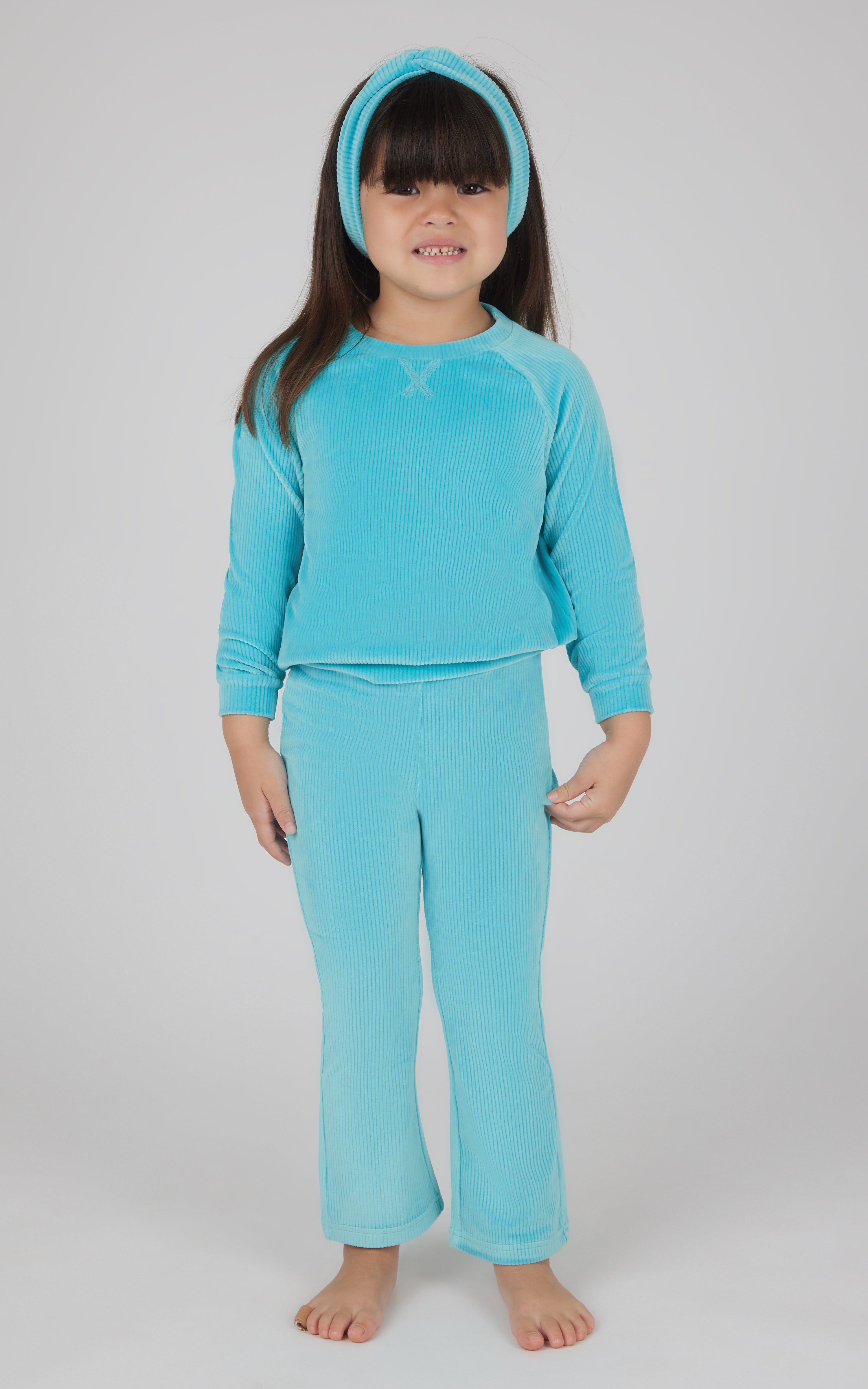 Toddler 3 Pc Ribbed Velour  Crew Neck Top +  Flared Leg Pant +Twist Front Headband Set