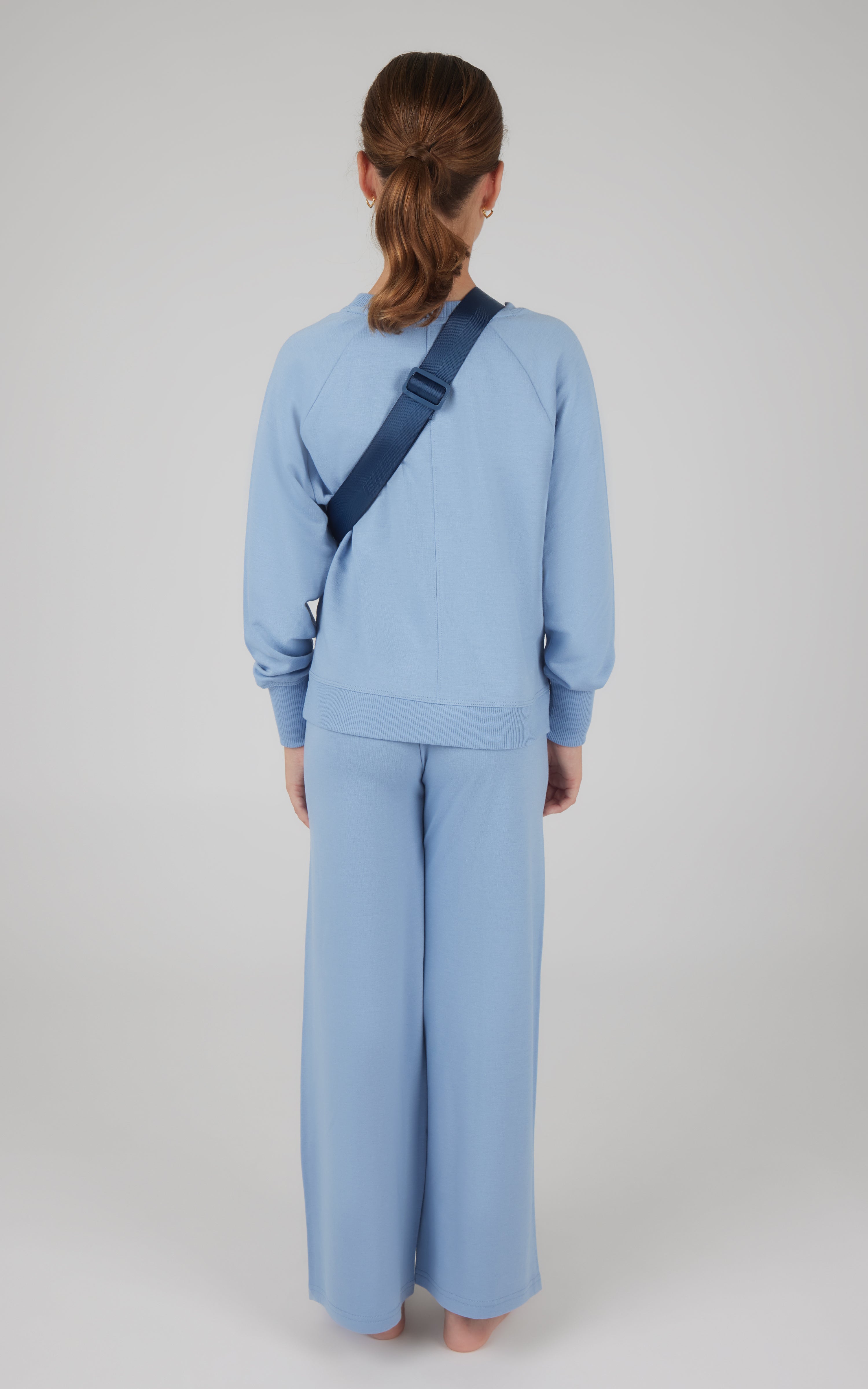 Girls 3 Piece Brushed Terry Walkabout High Low Sweatshirt + Brushed Terry Dahlia Wide Leg Pintuck Pant + Fanny Pack