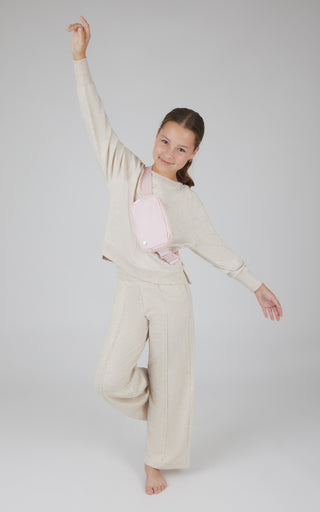 Girls 3 Piece Brushed Terry Walkabout High Low Sweatshirt + Brushed Terry Dahlia Wide Leg Pintuck Pant + Fanny Pack