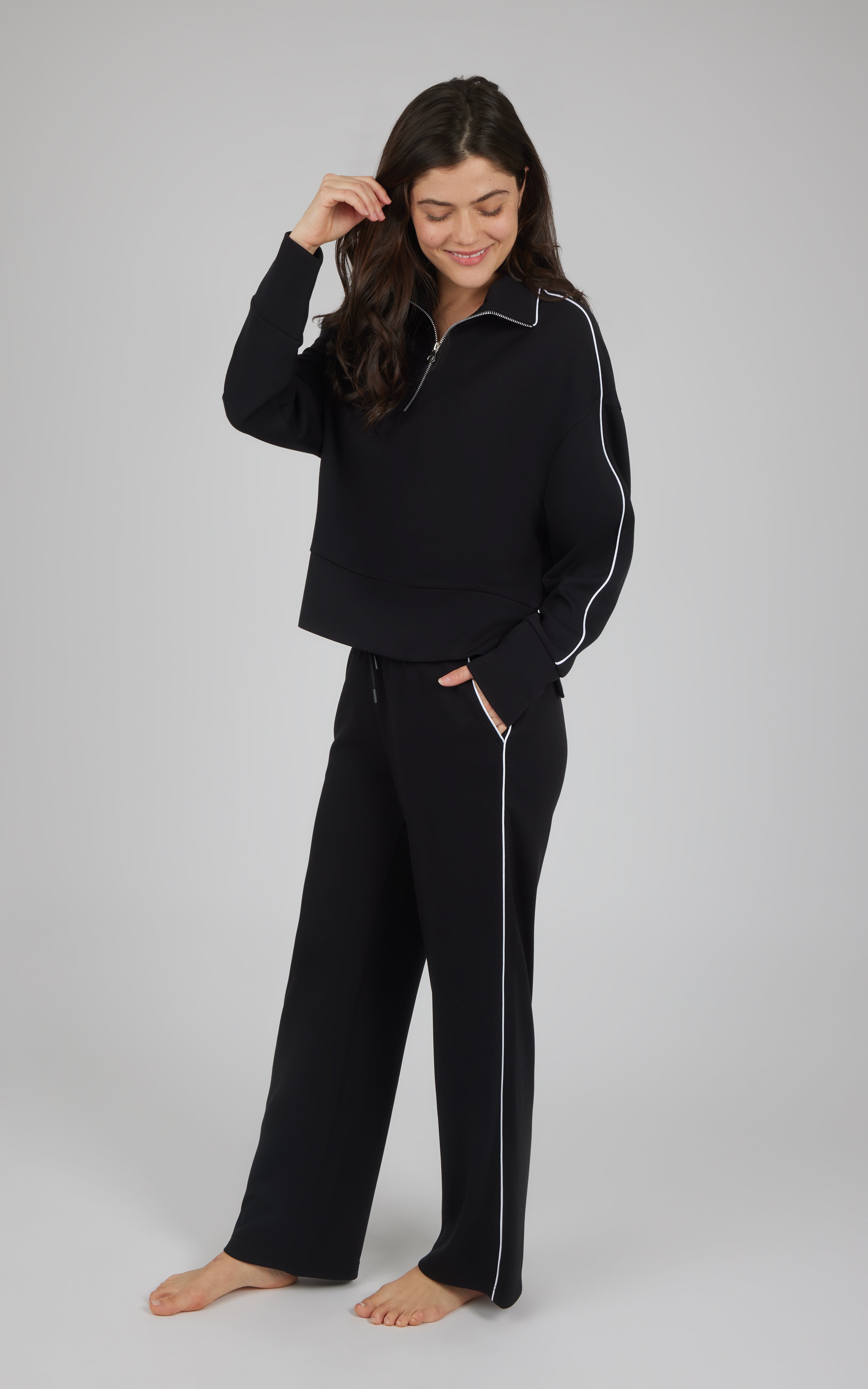 2 Pc Scuba Half Zip Piped Pullover and  Straight Leg Pant Set