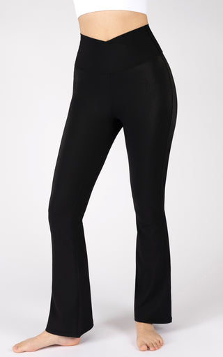 Yogalicious, Pants & Jumpsuits, Yogalicious Black Lux Madison Crossover  Elastic Free Waistband Flared Leggings