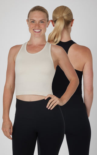 2 Pack Ribbed Seamless Nicola Racerback Cropped Tank with Built-in Bra