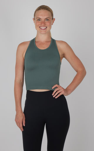 2 Pack Ribbed Seamless Nicola Racerback Cropped Tank with Built-in Bra