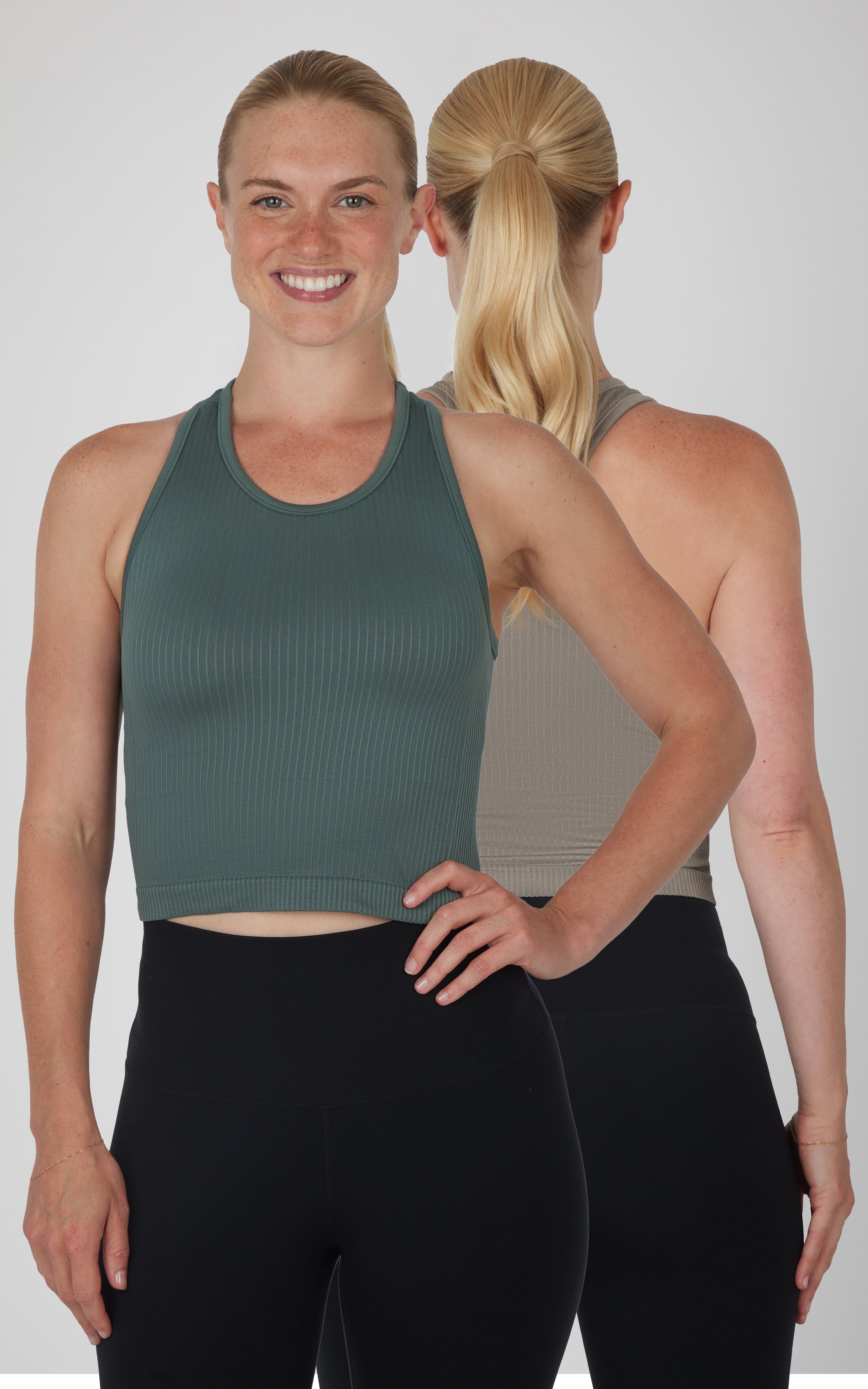 2 Pack Ribbed Seamless Nicola Racerback Cropped Tank with Built-in Bra