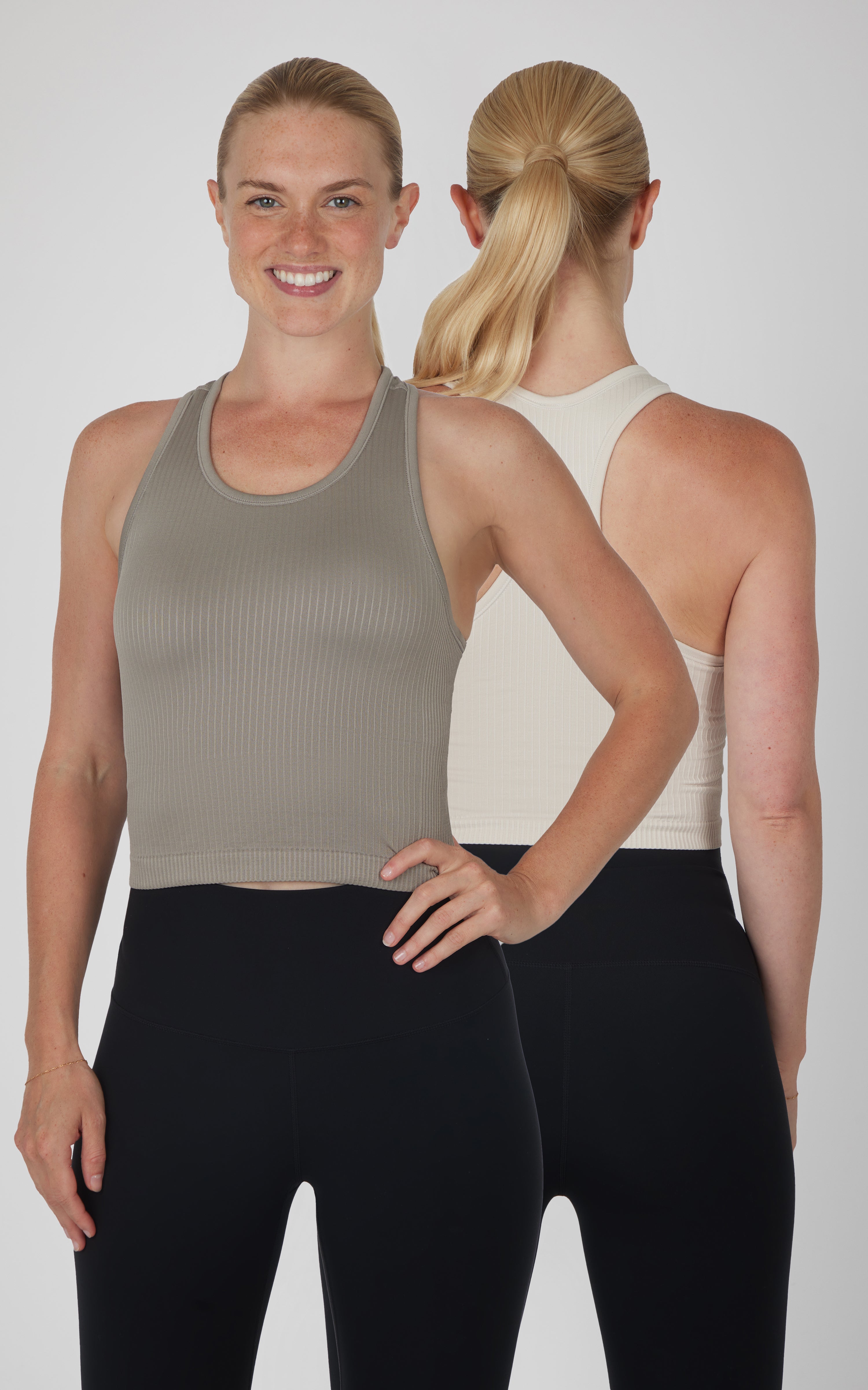 2 Pack Ribbed Seamless Nicola Racerback Cropped Tank with Built-in Bra